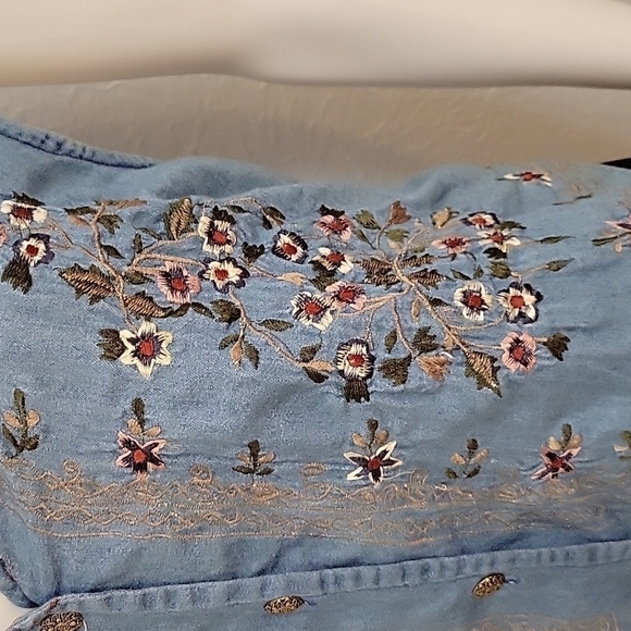 Vtg 80s TANTRUM BLUES Cottage Floral Embroidered Chambray Waistcoat Vest - Picture 4 of 8